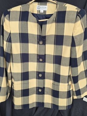 Atrium Collection Button Front Women's Navy & Yellow Plaid Blazer Suit Jacket